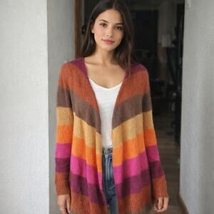 Charter Club fuzzy striped cardigan sweater medium cozy warm